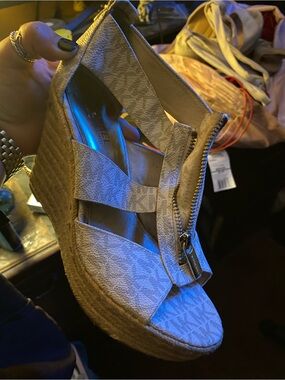 Michael Kors Tan Espadrille Platform Wedge Sandals with Front Zip